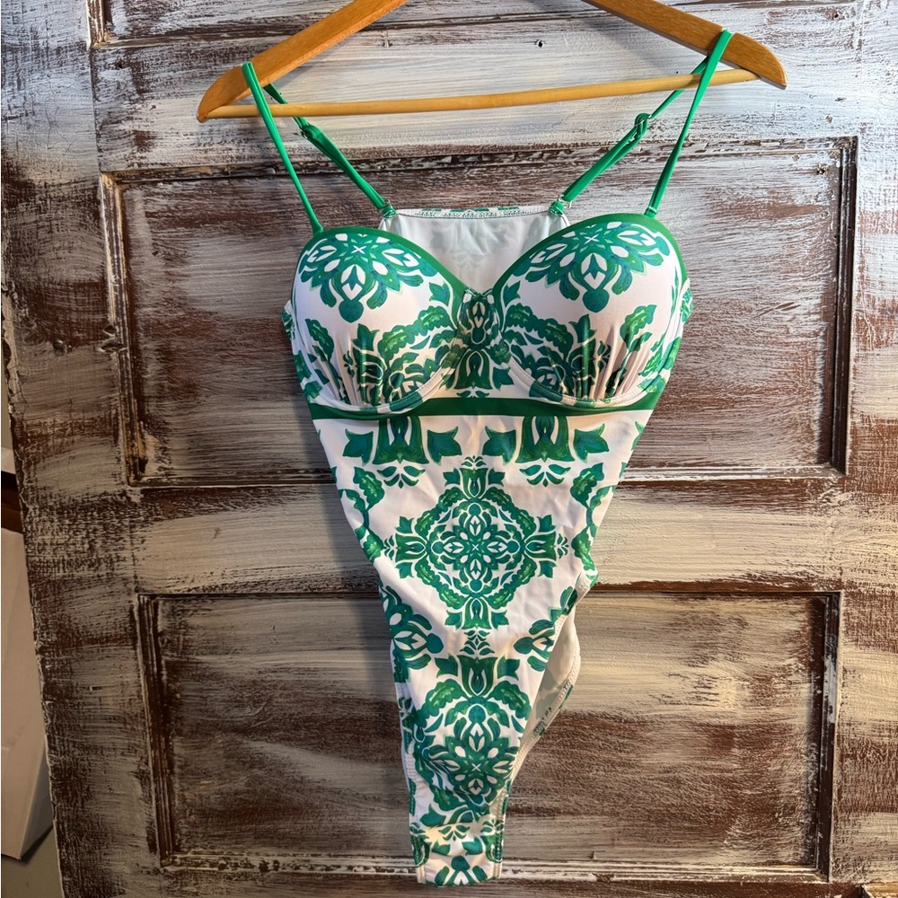 White One-Piece Swimsuit with Green Damask Print